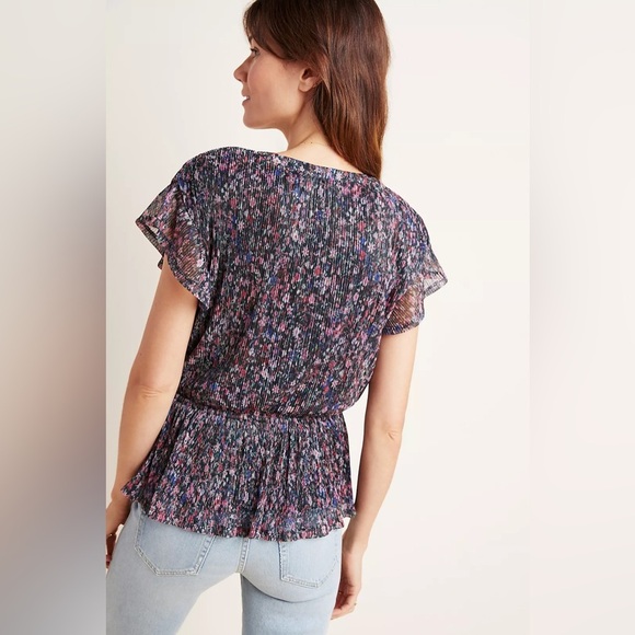 Anthropologie Floral Metallic Pleated Surplice Peplum Blouse Size Medium - Picture 3 of 10